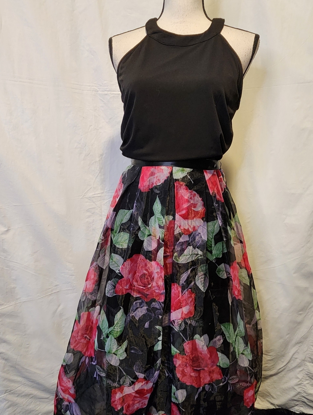 Black Maxi Dress with Pink Rose Floral Skirt